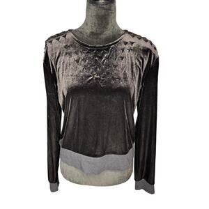 Leith Women's sz Large Black Long Sleeve Velour Velvet Holiday Blouse Top Stones